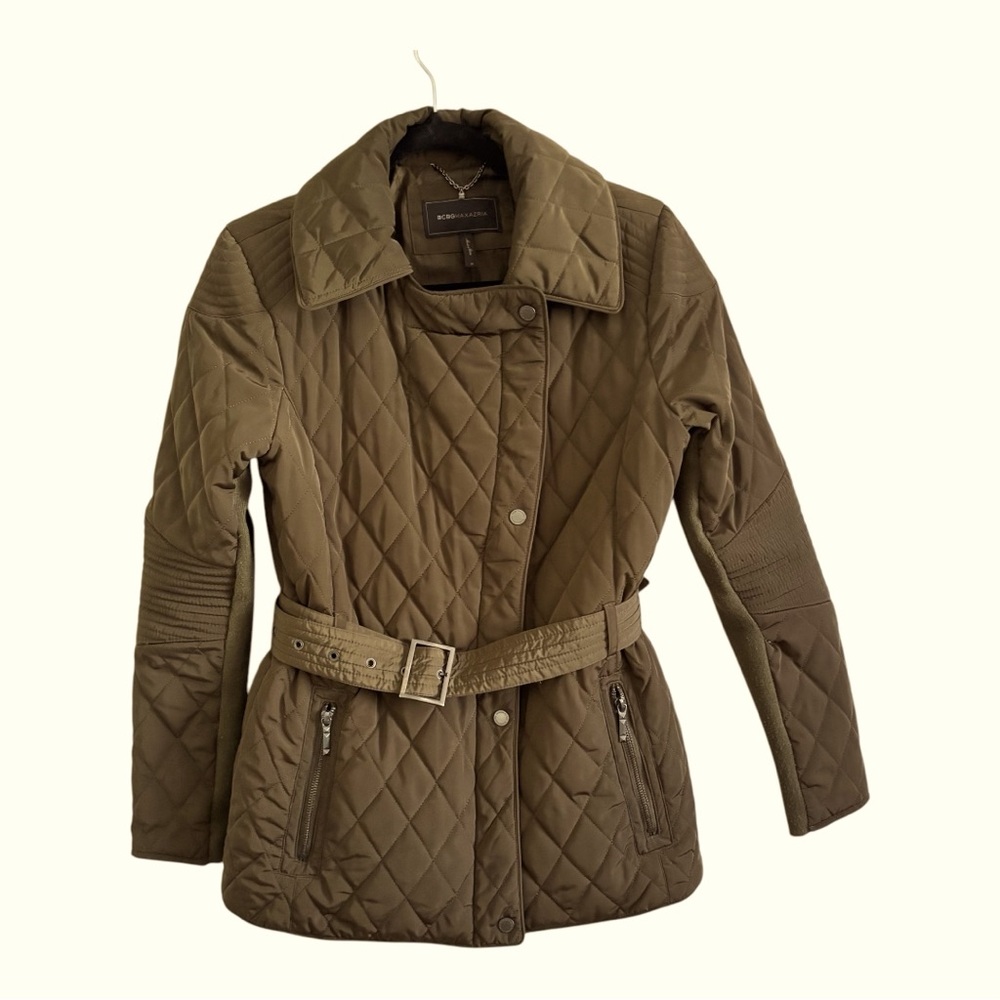 BCBGMaxAzria belted army green puffer quilted coat sz med